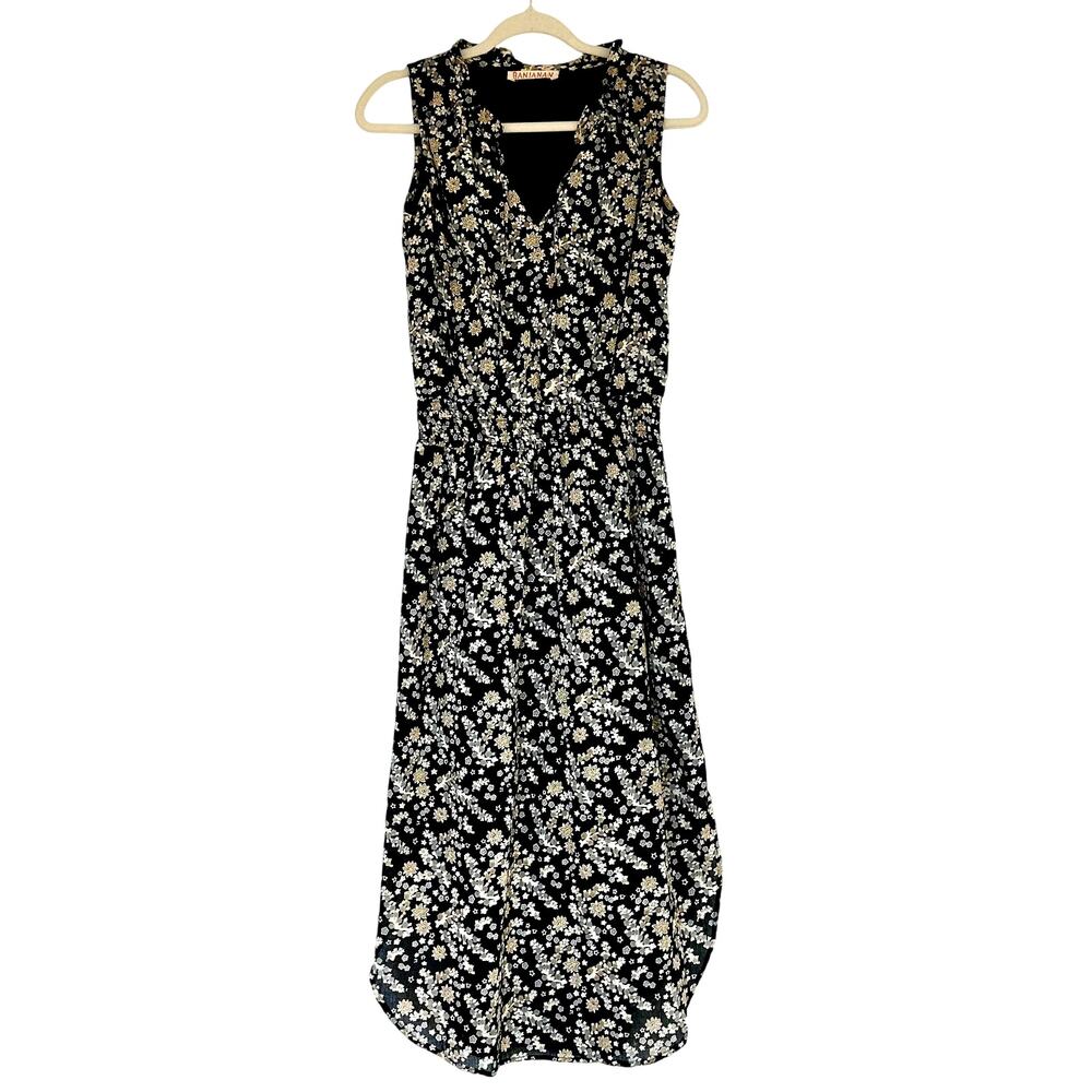 EUC Banjanan Floral Maxi Dress Size Small Black 100%‎ Cotton Sleeveless Layering